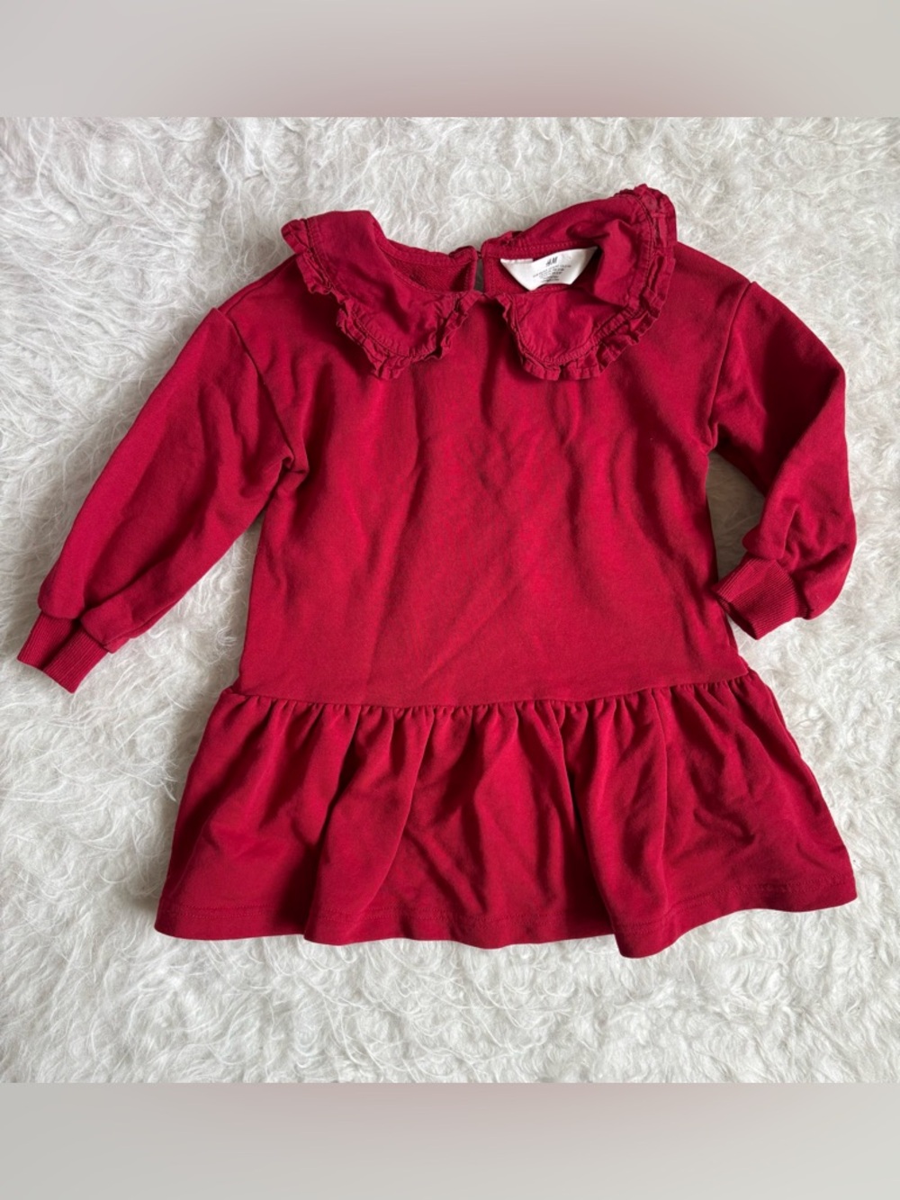 H&M Girls Festive Deep Red Ruffle Collar Long Sleeve Dress